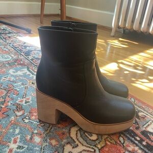 Charlotte Stone Paz Black Leather Ankle Boots with Tan Wooden Heel